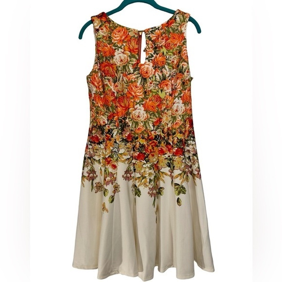 Gabby Skye Sleeveless Pink Orange Rose Floral Flared Dress Size 8 - Picture 1 of 16